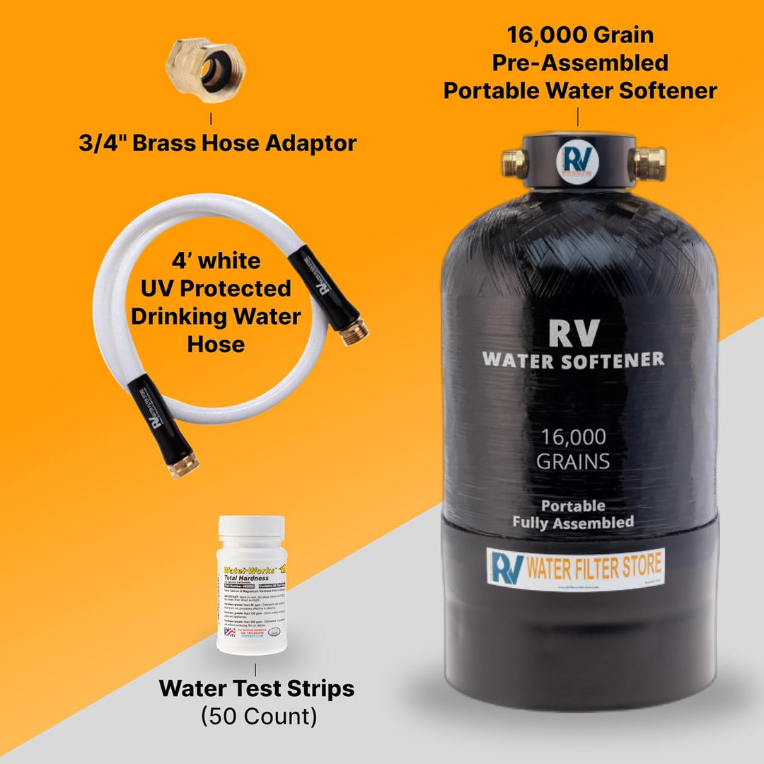 Essential RV Water Softener Portable 16,000 Grain w 4 ft Custom Hose & Water Hardness Testing Strips