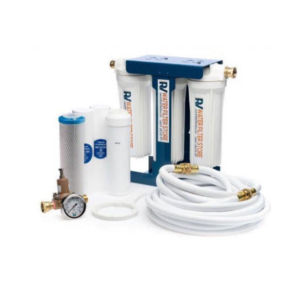 Essential System Water Filter + Iron Filter - Complete kit with Blue Cage, Pressure Regulator, and Two Water Hoses