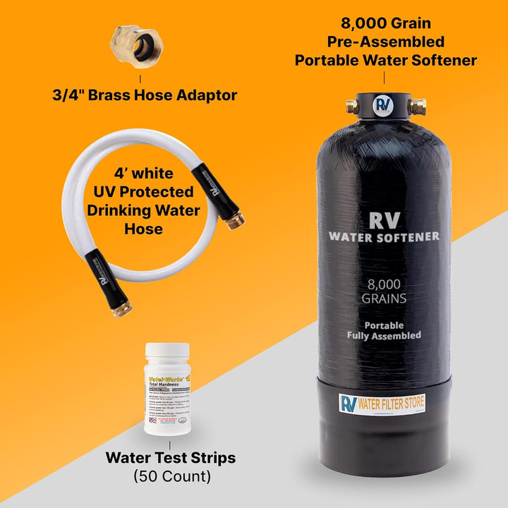 Essential RV Water Softener Portable 8,000 Grain w Custom Hose, 3/4" Fittings, Softens Hard Water