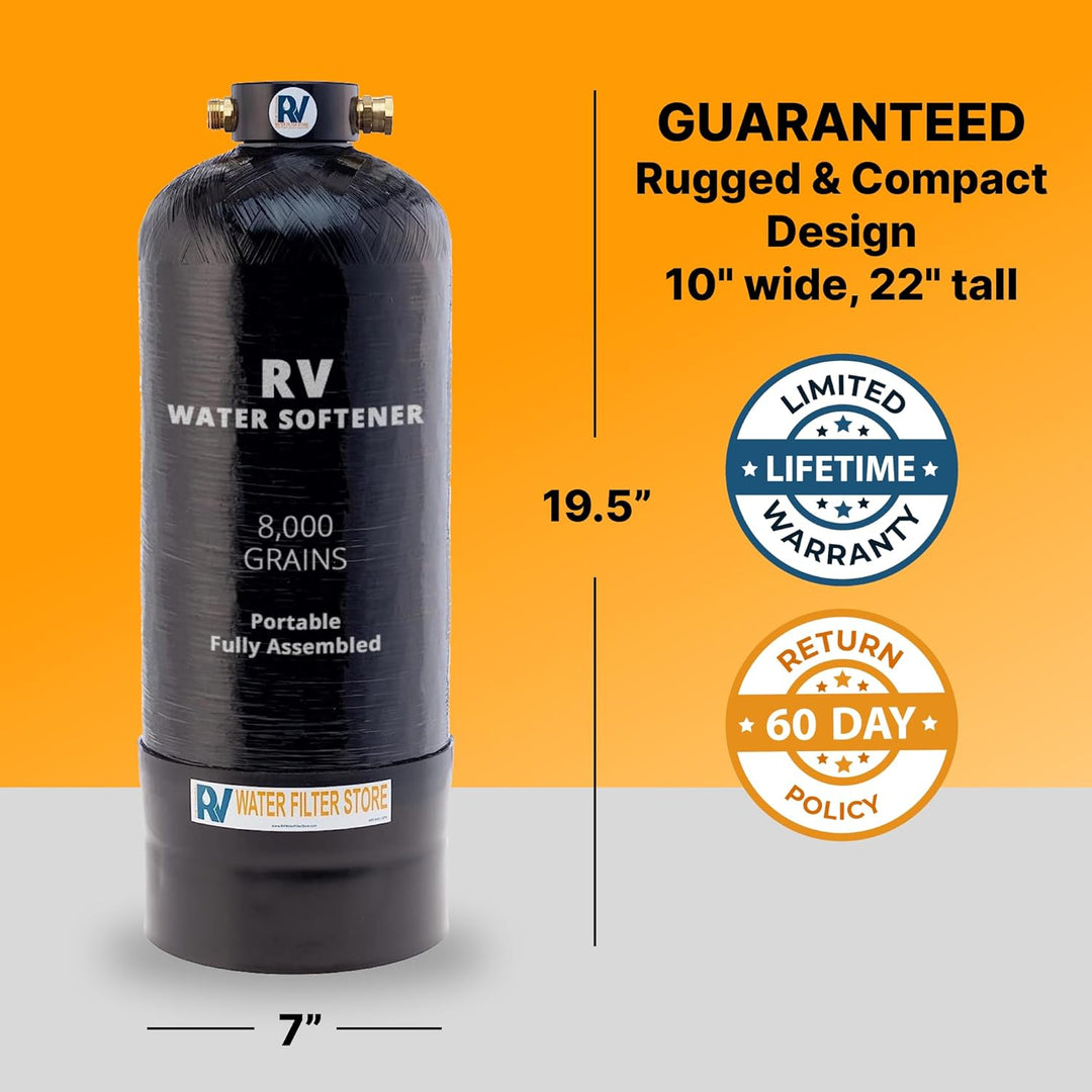 Essential RV Water Softener Portable 8,000 Grain w Custom Hose, 3/4" Fittings, Softens Hard Water