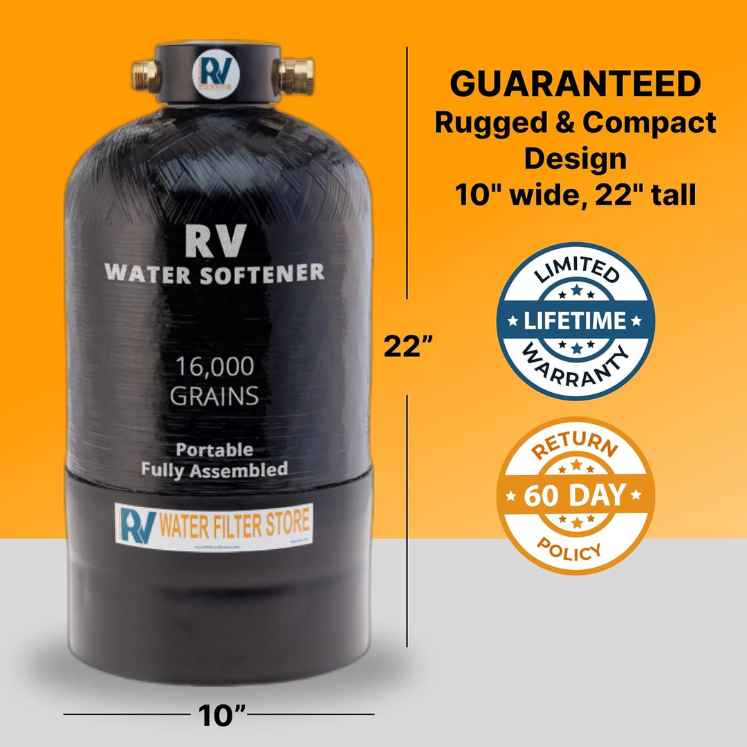 Essential RV Water Softener Portable 16,000 Grain w 4 ft Custom Hose & Water Hardness Testing Strips