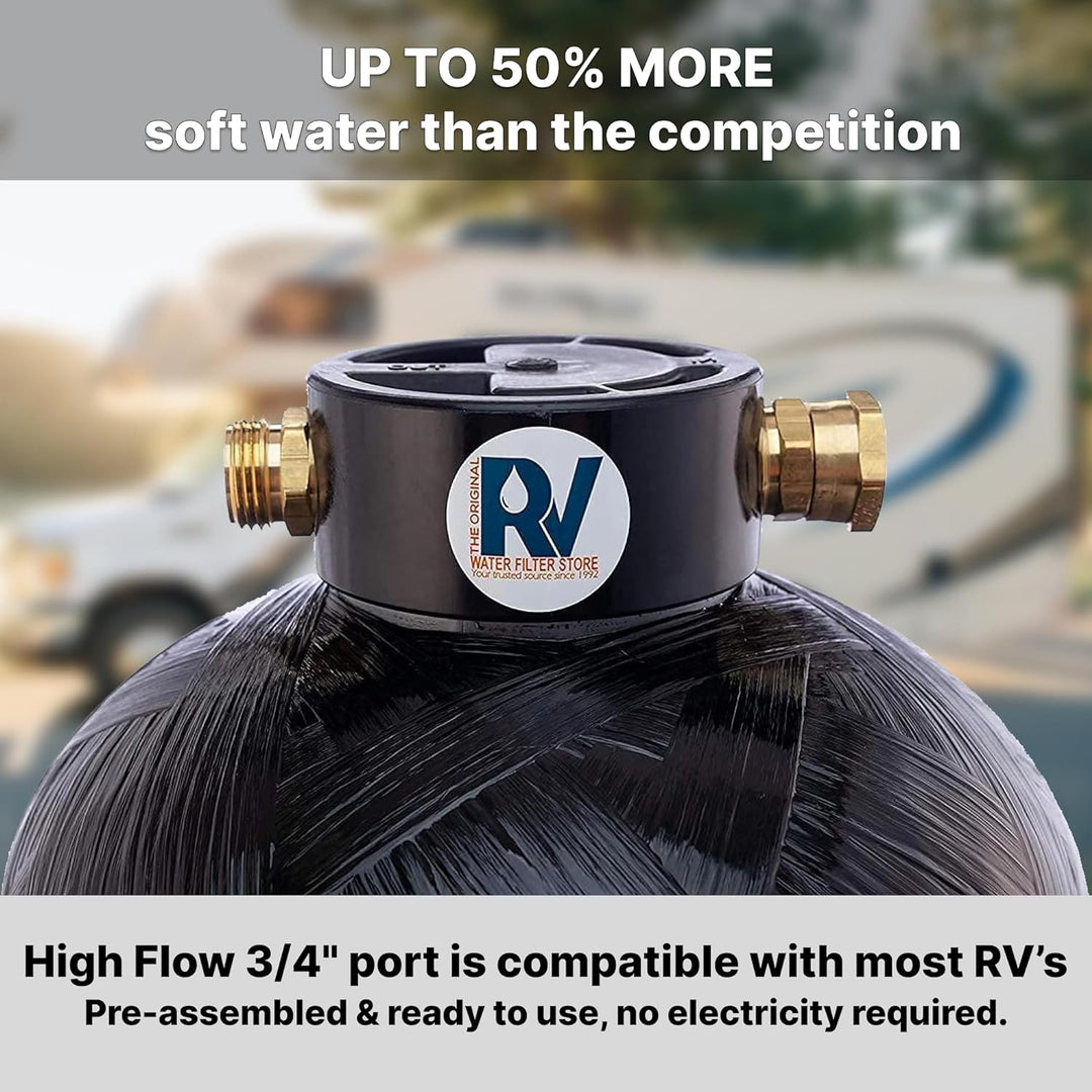 Essential RV Water Softener Portable 8,000 Grain w Custom Hose, 3/4" Fittings, Softens Hard Water