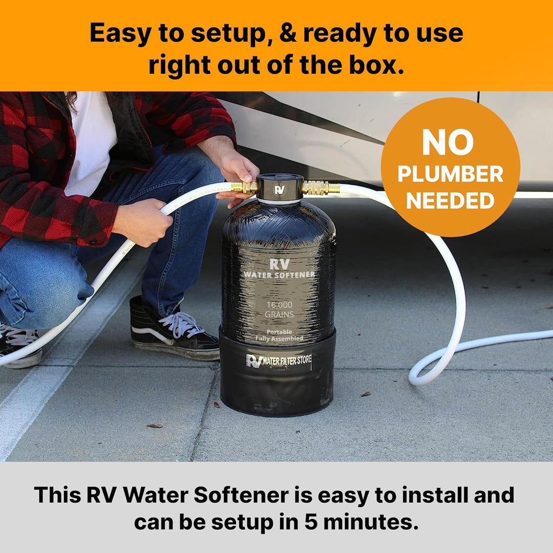 Essential RV Water Softener Portable 16,000 Grain w 4 ft Custom Hose & Water Hardness Testing Strips