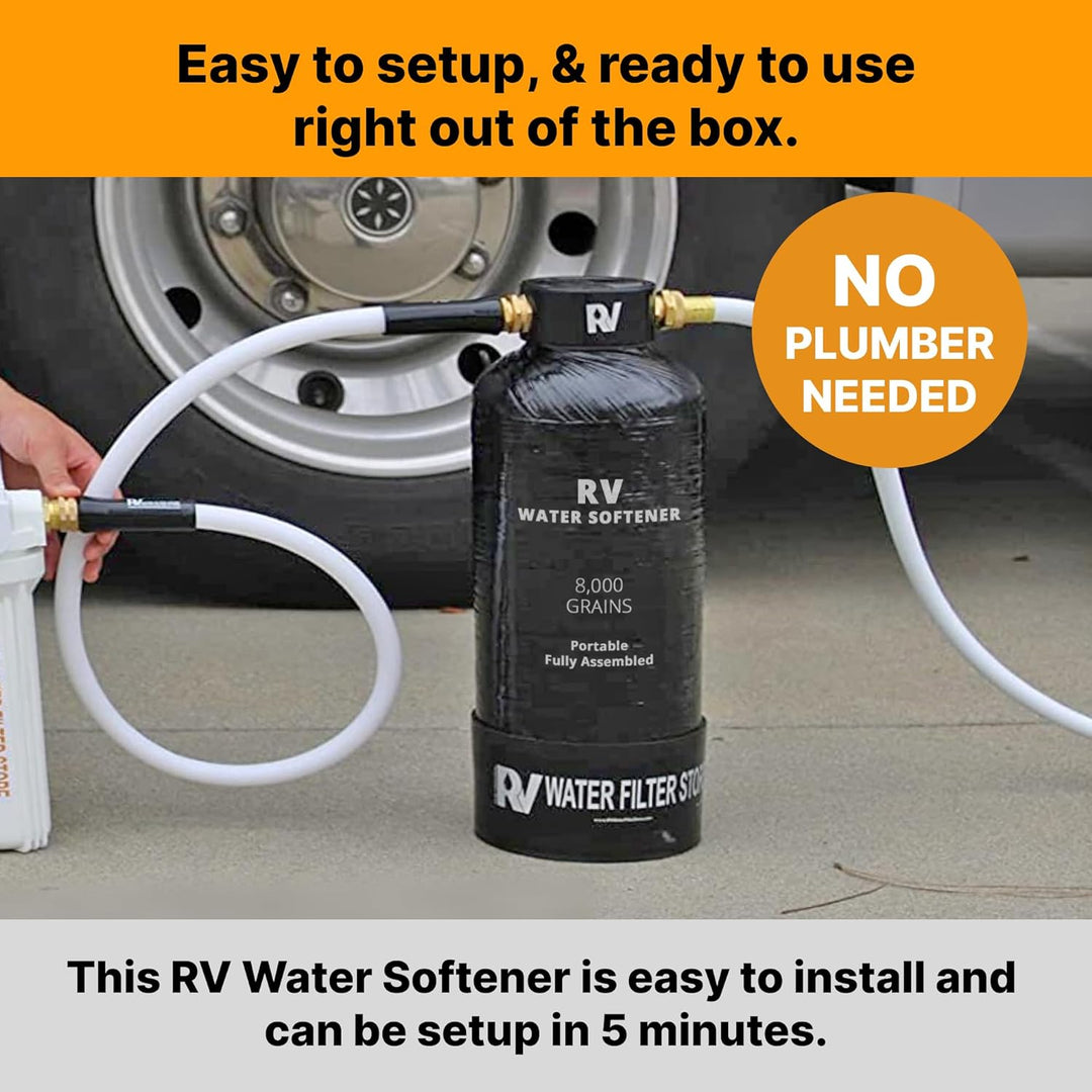 Essential RV Water Softener Portable 8,000 Grain w Custom Hose, 3/4  Fittings, Softens Hard Water fo