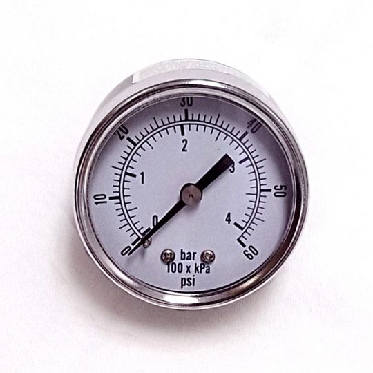 Pressure gauge, 2" diam, 0-160 psi, 1/4" rear port