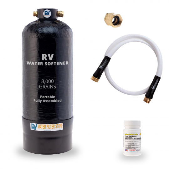 Essential RV Water Softener Portable 8,000 Grain w Custom Hose, 3/4" Fittings, Softens Hard Water fo