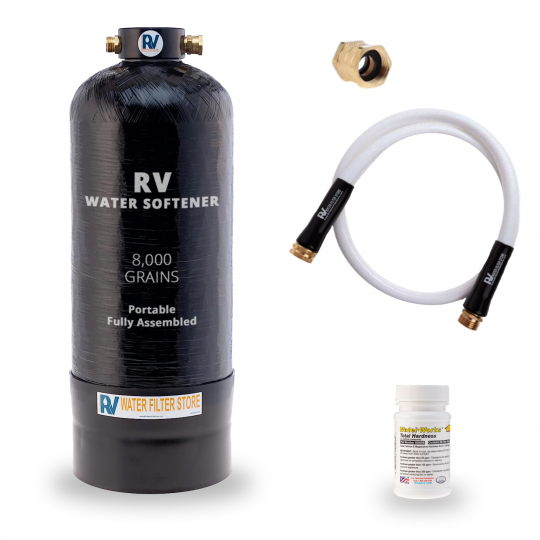 Essential RV Water Softener Portable 8,000 Grain w Custom Hose, 3/4" Fittings, Softens Hard Water