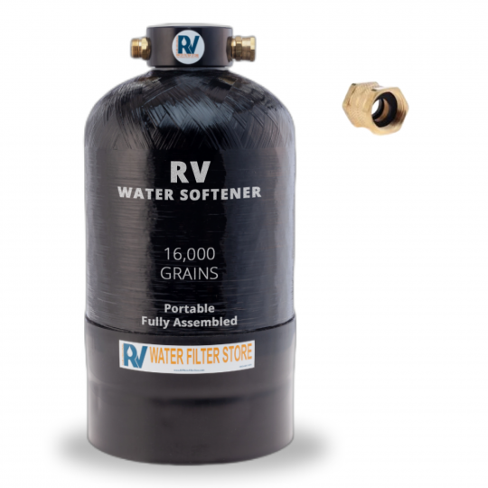 Essential Portable RV Water Softener with 16,000 Tank & Hose Fittings