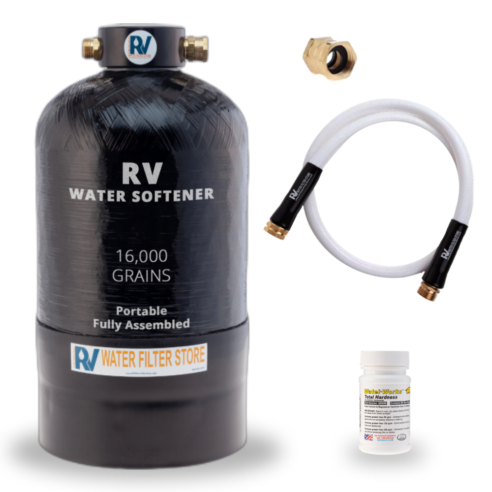 Essential RV Water Softener Portable 16,000 Grain w 4 ft Custom Hose & Water Hardness Testing Strips