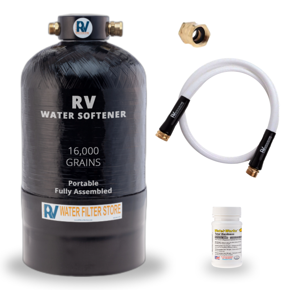 RV Water Filter 21E246443 Black Softener Portable 16000 Grain W Custom Hose