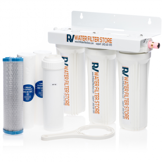 Essential System Water Filter + Iron Filter - Complete kit with Blue Cage,  Pressure Regulator, and Two Water Hoses